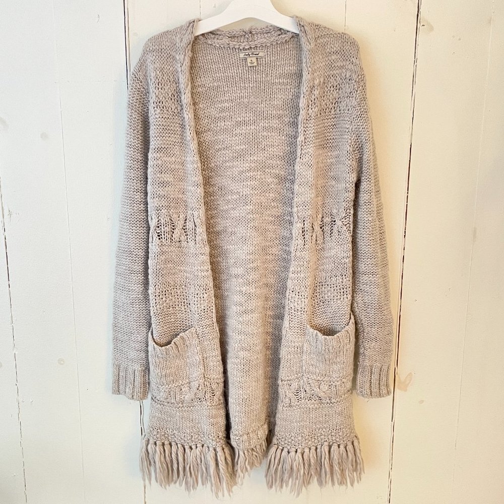 Lucky Brand Wool Blend Cardigan, Open Front, Fringe Detail, size Small